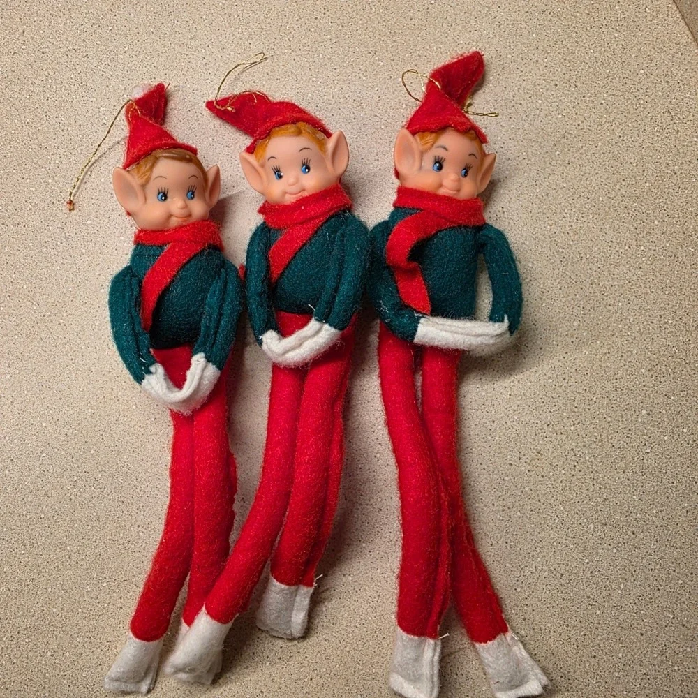 Vintage Knee Hugger Elf Christmas Ornaments Set of 3 Red Green 10 inch Retro